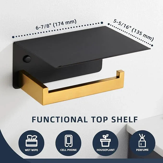 Angle Simple Toilet Paper Holder with Shelf, 304 Stainless Steel Bathroom Tissue Roll Holder for Wall Black and Gold - ModernBath