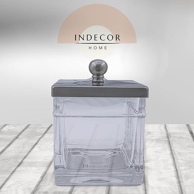 Indecor Home Apothecary Glass Cotton Jar Holder Brushed Nickel Stainless Steel Lid, Elegant Bathroom Storage Canister for Qtips, Cotton Balls, Floss, Makeup Organizer, Vanity Bathroom Organization - ModernBath