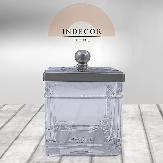 Indecor Home Apothecary Glass Cotton Jar Holder Brushed Nickel Stainless Steel Lid, Elegant Bathroom Storage Canister for Qtips, Cotton Balls, Floss, Makeup Organizer, Vanity Bathroom Organization - ModernBath
