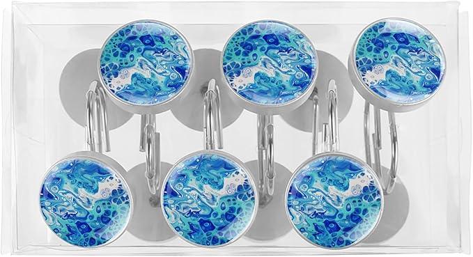 12 Pcs Decorative Shower Curtain Hooks, Rust Proof Glass Surface Stainless Steel Rings for Bathroom Bedroom Kitchen Home Bath Room Rods Decor (Turquoise Liquid Texture) - ModernBath