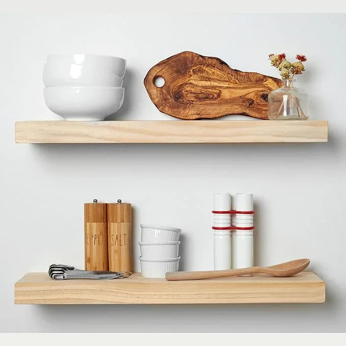 Homeforia 24 inch Natural Floating Shelf, High End Solid Real Wood 24inch Small Floating Shelves for Wall Mounted, Natural Wooden Floating Shelves, Heavy Duty Bracket, 24 X 6.5 X 1.75 in, Set of 4 - ModernBath