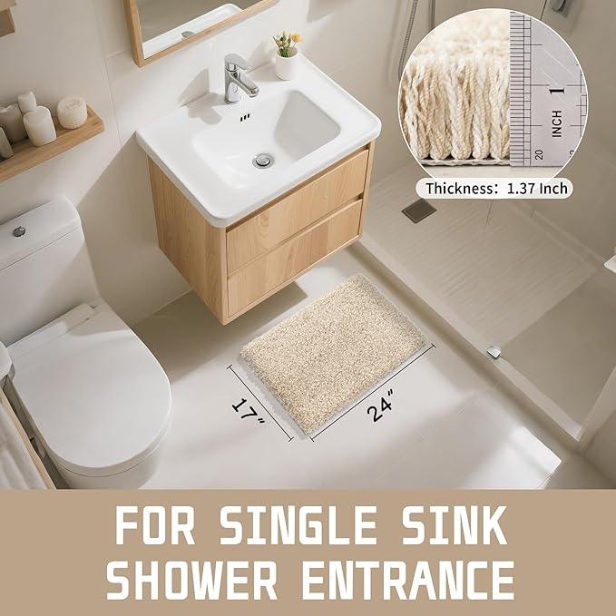 Yimobra Bathroom Rugs Non Slip Washable, Ultra Soft and Water Absorbent Bath Mats, Plush Fluffy Shower Mat Outside, Microfiber Thick Matts for Bathroom Floor/Sink, 24x17, Light Beige and White - ModernBath