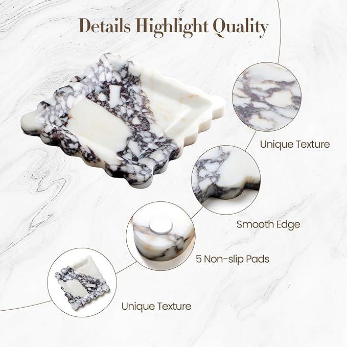SAMAH Calacatta Viola Natural Marble Tray, Scalloped Storage Dish, Luxury Decorative Trays for Bathroom, Vanity, Dresser, Kitchen & Home Decor, House Warming Gifts New Home (Square,8 Inch) - ModernBath