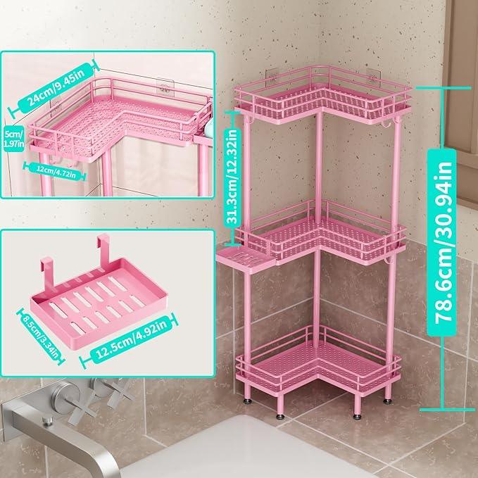 HapiRm Corner Shower Caddy Standing - 3 Tier Shower Organizer Corner with Soap Holder, Rustproof Bathroom Standing Organizer with 4 Hooks, Pink - ModernBath