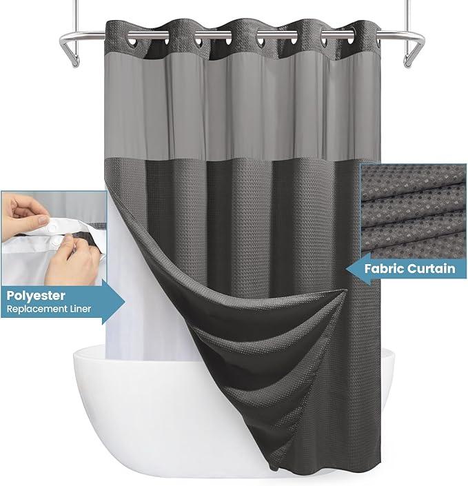 EUTXL Charcoal Grey Long No Hook Shower Curtain with Snap in Liner,230GSM Waffle Weave Shower Curtains for Bathroom,71W x 86H - ModernBath
