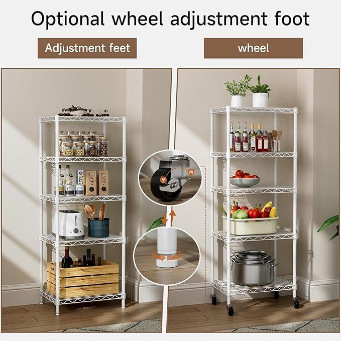 Small 5 Tier Shelves Storage Wire Shelving Unit Metal Shelf Adjustable Organizers Storage Shelving with Wheels for Bathroom Laundry Room Kitchen Pantry12”D x 18”W x 57.2”H White - ModernBath