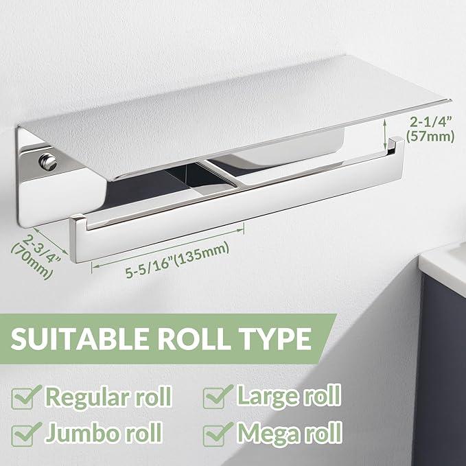 APLusee Double Toilet Paper Holder with Phone Shelf, 304 Stainless Steel Bathroom Tissue Hanger, Wall Mounted Dual Roll Paper Dispenser, Polished Chrome - ModernBath