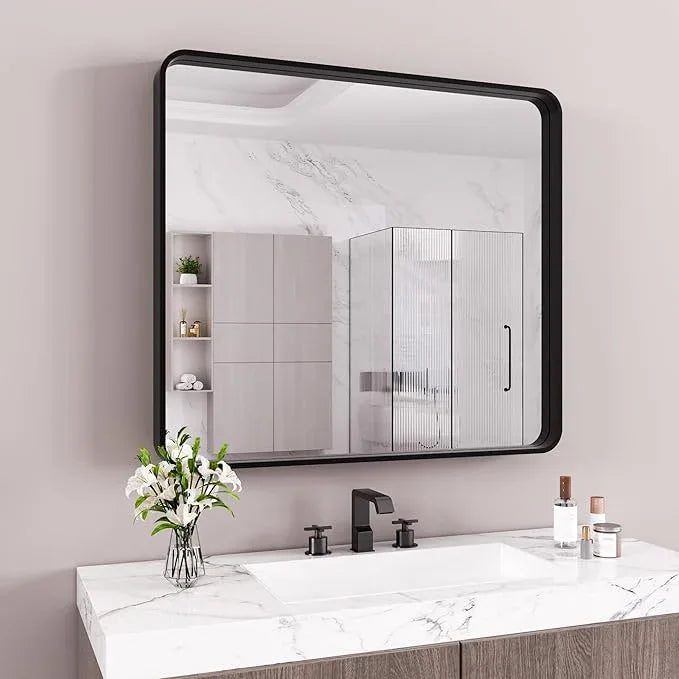 JISOSO Black Bathroom Mirror 40X36 Inch, Black Metal Framed Mirror for Wall, Rounded Rectangle Matte Bathroom Vanity Mirror with Tempered Glass, Anti-Rust, Horizontal/Vertical - ModernBath