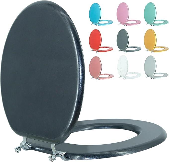 BLOFDE Round Toilet Seat Wood Toilet Seat Prevent Shifting with Zinc Alloy Hinges American Standard Size Toilet Seat Easy to Install also Easy to Clean(Round,Sparkling Black) - ModernBath