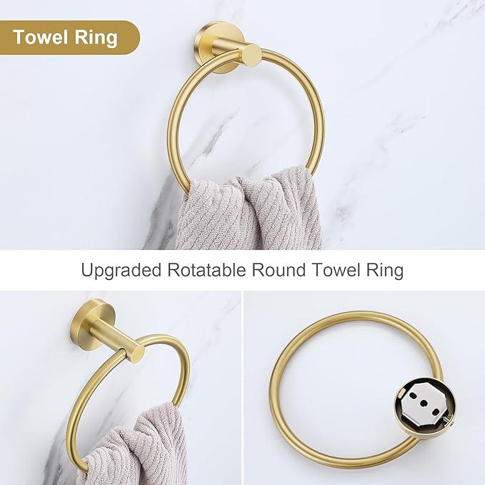 Lairuier 5 Pieces Brushed Gold Bathroom Accessories Set, 23.6 Inch Bath Towel Bar Set, SUS304 Stainless Steel Bathroom Hardware Set Round Toilet Paper Holder Set Wall Mounted - ModernBath