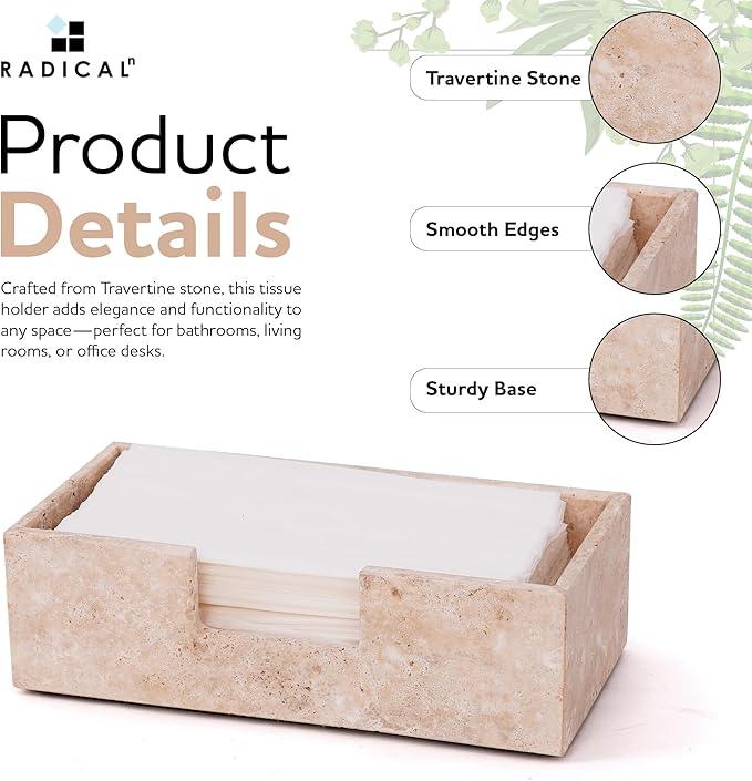Radicaln Marble Tissue Box Cover 10x5 Inch Handmade Travertine Decorative Tissues Paper Boxes for Bathroom Counter Organizer, Rectangle Napkin Holders for Office Desk Decor - ModernBath