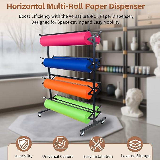 Large Paper Roll Dispenser Holder, Butcher Paper Roll Dispenser Rack and Cutter Holds Up to 8 Roll 36'' W Roll, Great for Butcher, Craft, Gift Wrap & Art Kraft Rolls - ModernBath