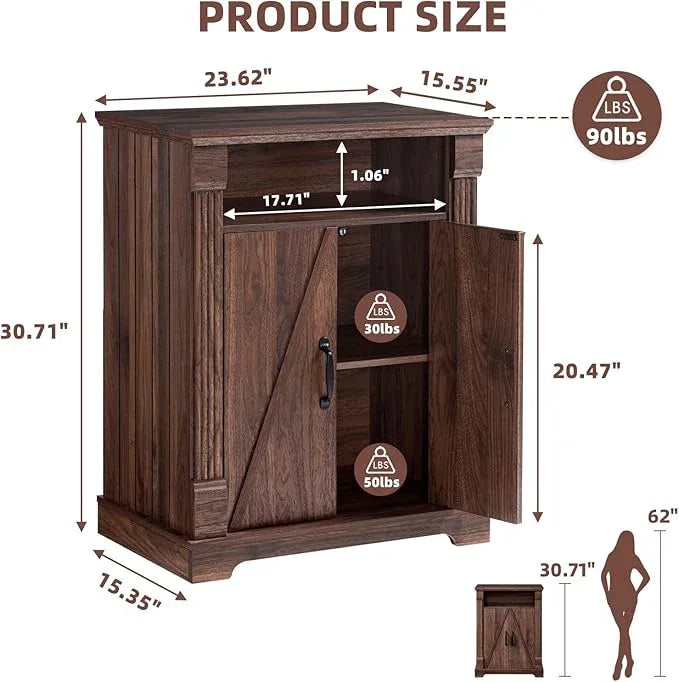 24" Farmhouse Storage Cabinet – Walnut Freestanding Buffet Sideboard with Barn Doors, Adjustable Shelf, Small Coffee Bar for Kitchen, Bathroom & Living Room - ModernBath