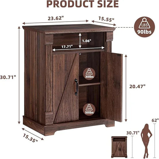 24" Farmhouse Storage Cabinet – Walnut Freestanding Buffet Sideboard with Barn Doors, Adjustable Shelf, Small Coffee Bar for Kitchen, Bathroom & Living Room - ModernBath