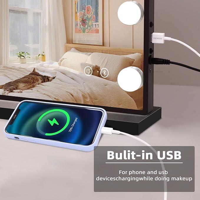 FENCHILIN Hollywood Vanity Mirror with Lights and Bluetooth Speaker Makeup with 15 Dimmable Lighted LED Bulbs Tabletop or Wall-Mounted for Dressing Room Bedroom - ModernBath