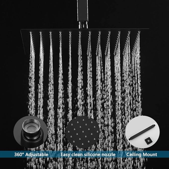 JingGang 12 Inch Ceiling Mount Matte Black Shower System Bathroom Luxury Rain Mixer Shower Combo Set Ceiling Rainfall Shower Head System (Contain Shower Faucet Rough-in Valve Body and Trim Kit) - ModernBath