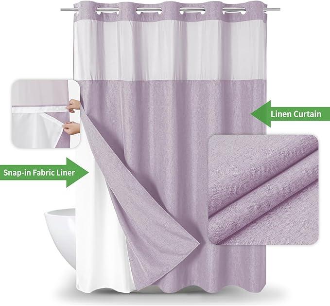 eachope Extra Long No Hooks Needed Linen Textured Shower Curtain with Snap-in Fabric Liner Set,White Hotel Luxury Decor Shower Curtains for Bathroom,Waterproof & Washable,71Wx86H,Lavender - ModernBath