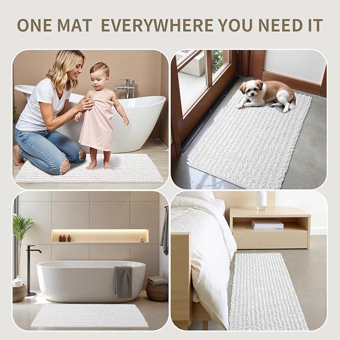 Ruggnovea Chenille Bathroom Rugs Non Slip Washable 32x20, Extra Thick Soft Absorbent Chenille Bath Mat, Non-Slip Barrier Backing, Quick Dry Machine Washable Bath Mats Tub, Shower,Floor/Sink,White - ModernBath