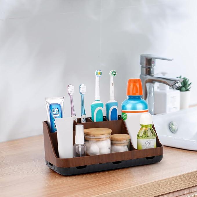GFWARE Wood Toothbrush Holders for Bathrooms Countertop Organizer - Detachable 7 Slots Kid Bathroom Decor and Accessories, Wooden Bathroom Sink Storage Organization, Caddy, Tray, Brown - ModernBath