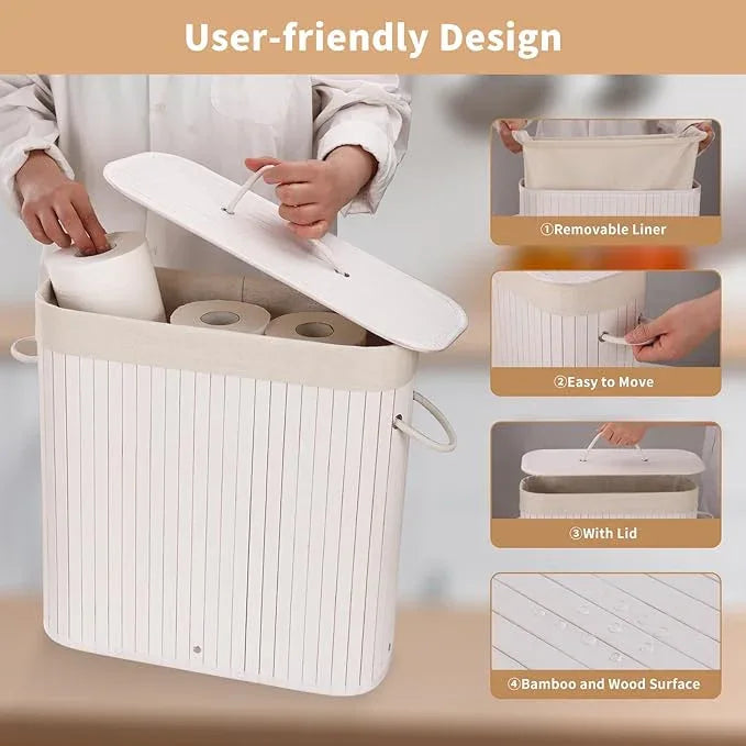 Bamboo Toilet Paper Storage with Lid & Handel, 8 Gallons (30L), Sturdy Toilet Paper Basket, Organizer for Bathroom, Kitchen, Holder with Storage, White - ModernBath