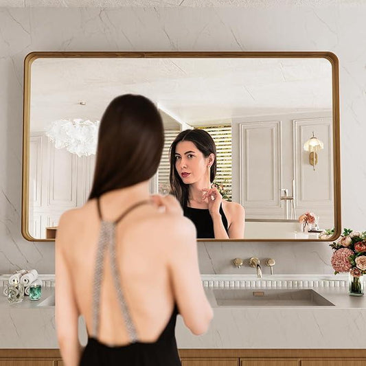 LOAAO 60X36 Inch Bathroom Mirror with Wood Grain Colored Metal Frame, Rounded Rectangle Metal Framed Bathroom Mirror, Anti-Rust, Hangs Horizontally or Vertically, Tempered Glass - ModernBath