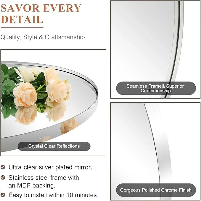 ANDY STAR Chrome Bathroom Mirror, 24x32 Inch Polished Chrome Oval Wall Mirror for Bathroom, Modern Chrome Wall Mirror Pill Shaped Stainless Steel Metal Mirror - ModernBath