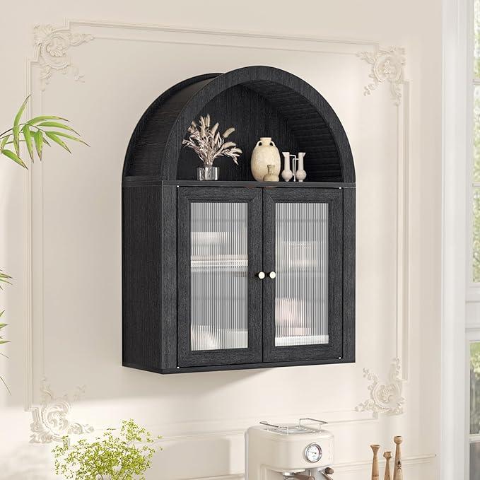 Arched Bathroom Cabinet, Wall Mounted Bathroom Cabinet with Tempered Glass Doors and Adjustable Shelf, for Kitchen, Living Room, Laundry Room, Restroom, Black - ModernBath