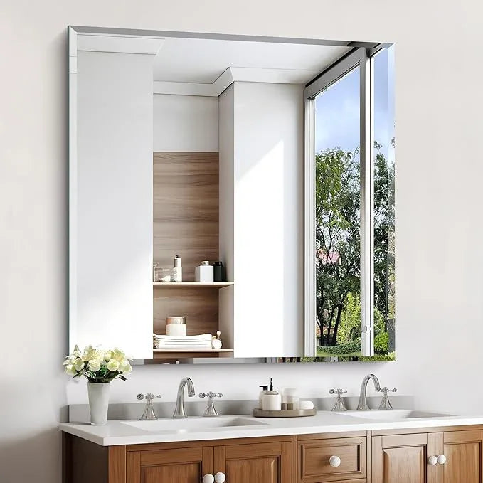 KOCUUY Beveled Mirror, 42x42 Inch Large Frameless Square Bathroom Mirror for Over Sink, Upgraded Shatterproof Beveled Unframed Design Mirror for Bathroom, Bedroom, Hang Horizontal/Vertical - ModernBath