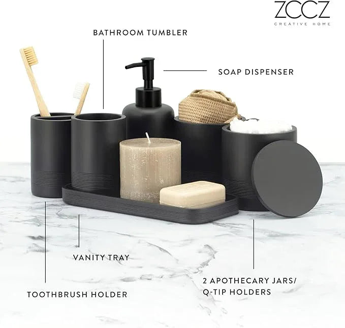 ZCCZ Black Matte Bathroom Accessories Set 6 Pieces - Toothbrush Holder, Lotion Dispenser, Qtip Container, Vanity Tray, Tumbler - Countertop Organizer for Bathrooms - Elegant and Functional Décor Set - ModernBath