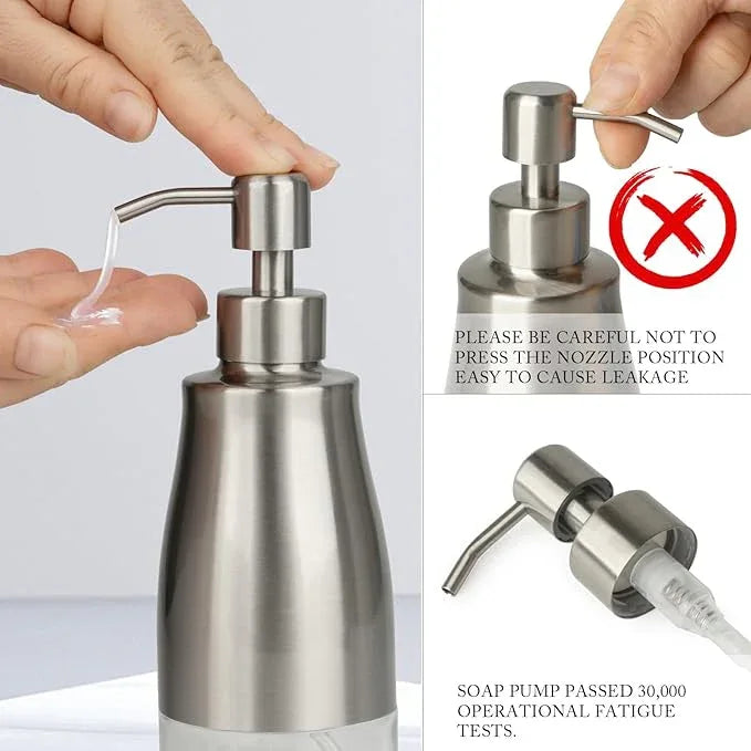 Gaussra Kitchen Soap Dispenser Set with Silicone Tray and Stickers - Brushed Nickel, Stainless Steel Glass Soap Dispenser Bathroom, Refillable Hand Dish Dispenser for Kitchen Sink - ModernBath