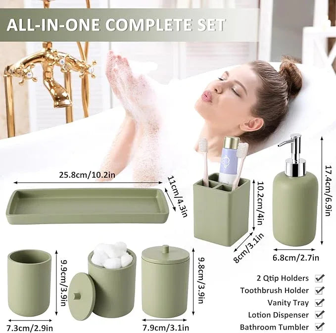 Resin 6 Pcs Green Bathroom Set Complete with Toothbrush Holder, Lotion Soap Dispenser, 2 Qtip Holder Dispensers,Vanity Tray,Bathroom Tumbler - Countertop Vanity Organizer - Bathroom Accessories - ModernBath