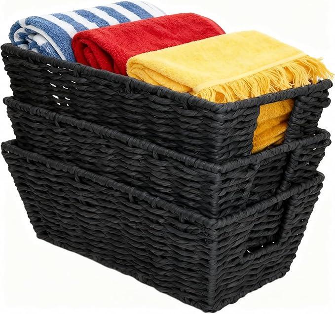 Paper Rope Storage Baskets for Shelves Organizing, Small Hand Woven Wicker Organizer Basket with Handle for Bathroom Toilet Paper Storage, Black, 3-Pack - ModernBath