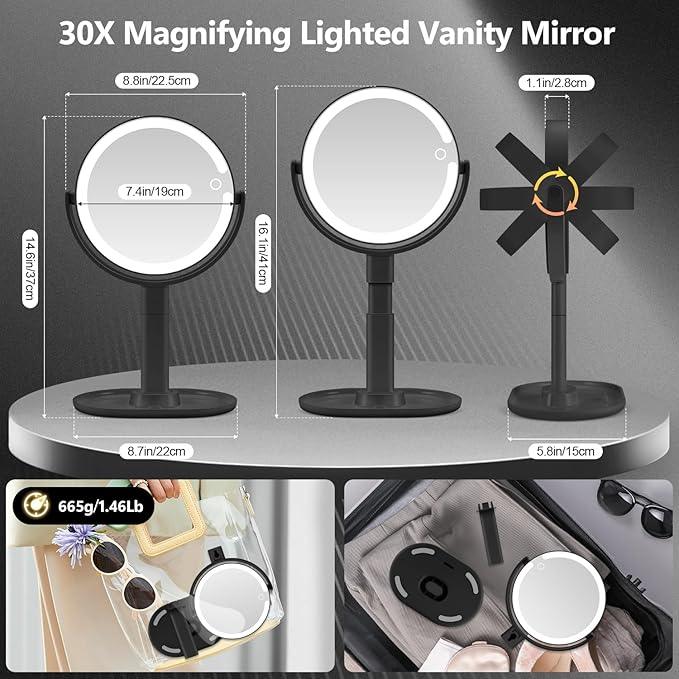 MIYADIVA Makeup Mirror with Lights, 30X Magnifying Mirror with Light and Touch Switch, Vanity Mirror with 3 Color Light and 80 LEDs, Height Adjustable Desk Mirror with Lights, Black - ModernBath