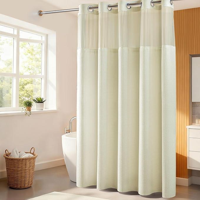 River Dream Cream Fabric Shower Curtain Set, Cotton Blend, Waffle Weave, with Snap in Replacement Liner，71 x 86 inches - ModernBath