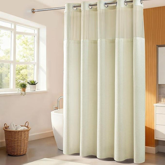 River Dream Cream Fabric Shower Curtain Set, Cotton Blend, Waffle Weave, with Snap in Replacement Liner，71 x 86 inches - ModernBath