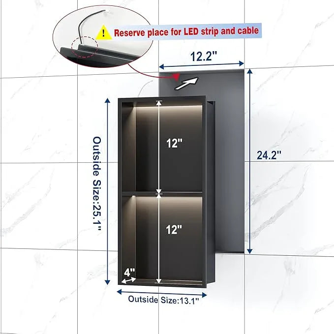 Stainless Steel Shower Niche 12" X 24", No Tile Needed Wall Niche with 3 Selectable Color Temperatures Led Light, Recessed Shower Shelf for Bathroom Storage Over Mount Installation, Matte Black - ModernBath