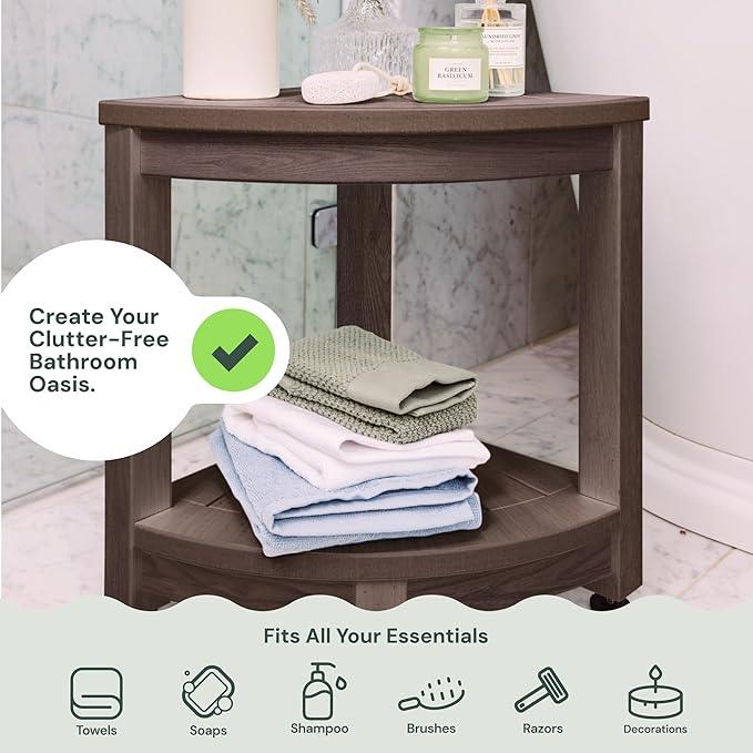 ROHKEX Corner Shower Stool - L-Shaped, Brown HDPE - Adjustable Non-Slip Legs & Corner Bench - Double-Layer Shelf & Shaving Stool - Protective Rubber Feet & Waterproof Bench Home Decor Gift Idea - ModernBath