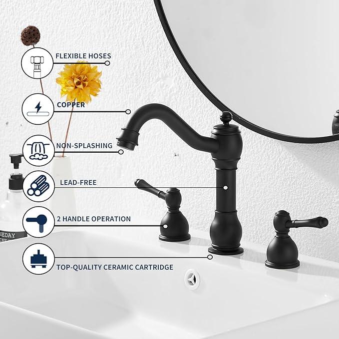 GGStudy 2 Handles 3 Holes Faucet Widespread Bathroom Sink Faucet Basin Tap Mixer Supply Hose Included Matching Pop Up Drain Matte Black - ModernBath