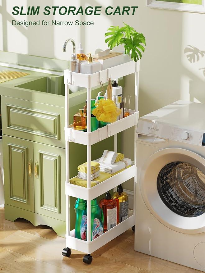 LEHOM 5.1" Slim Storage Cart - 4 Tiers Bathroom Organizer Mobile Shelving Unit Storage Rolling Utility Cart Slide Out Organizer for Kitchen Bathroom Laundry Narrow Places, White - ModernBath