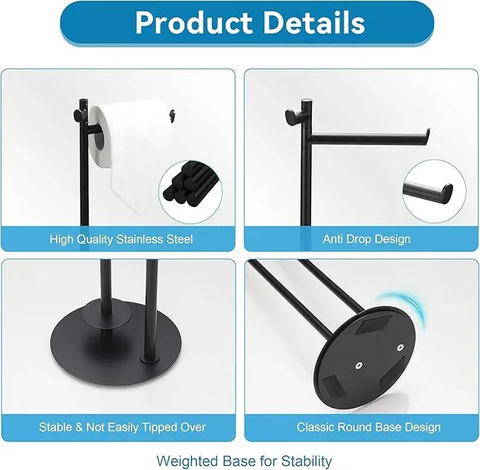BGL Toilet Paper Holder Stand, SUS304 Stainless Steel Matte Black, Weighted Base, Holds 5 Jumbo Rolls, Space-Saving Modern Bathroom Storage with Built-in Hook - ModernBath