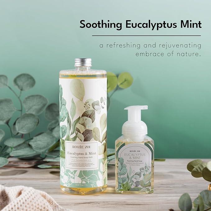 ROMIIE ZOI Eucalyptus & Mint Foaming Hand Soap Refills with Reusable Pump Dispenser - Natural & Cruelty-Free, Gentle & Moisturizing - Large Bottle Bulk for Home & Kitchen-1L/33.8oz (Pack of 3) - ModernBath