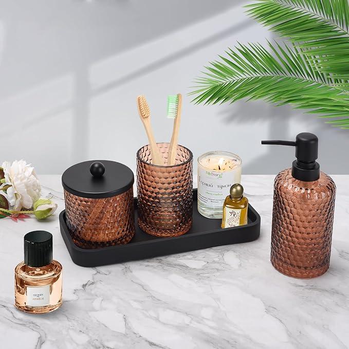 Bathroom Accessories Set,4 Pcs Amber Glass Bathroom Accessories Sets-Lotion Soap Dispenser,Toothbrush Holder,Qtip Holder Dispenser & Resin Vanity Tray,Countertop Vanity Organizer,Amber - ModernBath