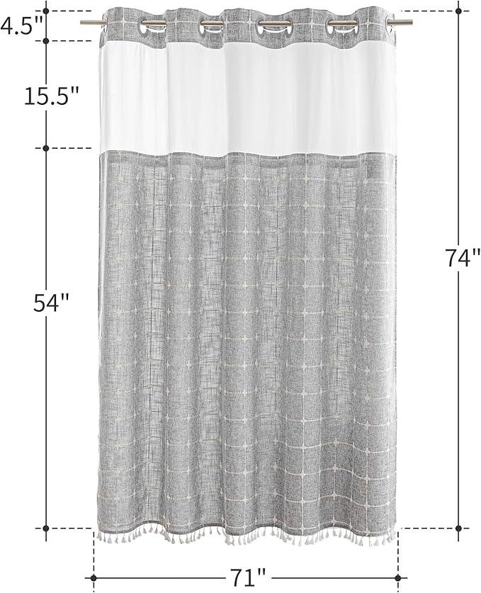 Farmhouse Shower Curtain with Snap-in Liner, No Hooks Needed Fabric Shower Curtains with Tassels for Rustic Bathroom Decor, with Window,with Magnets,Water Repellent&Machine Washable,Grey,71x74Inch - ModernBath