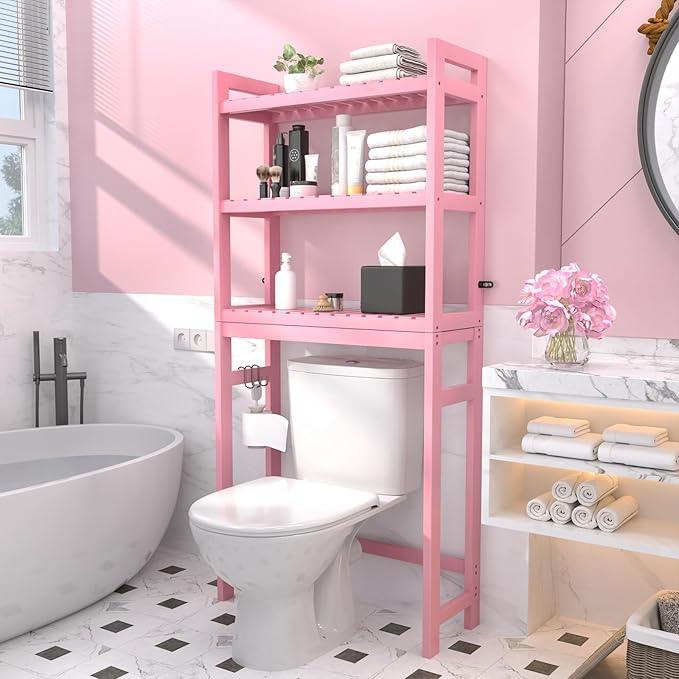 Homykic Bamboo Over The Toilet Storage Shelves, 3-Tier Above Toilet Storage Organizer Rack with 3 Hooks, Freestanding Bathroom Tower Shelf Unit for Small Space, No Rust, Easy to Assemble, Pink - ModernBath