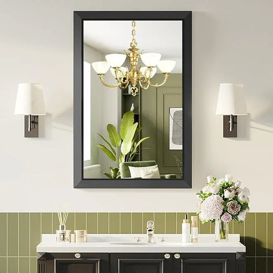 Black Bathroom Mirror for Over Sink, 22x30Inch Thick Anti-Rust Metal Frame, Rectangle Decorative Wall Mirror with HD Tempered Glass Horizontal or Vertical Mount for Vanity, Bedroom, Living Room - ModernBath