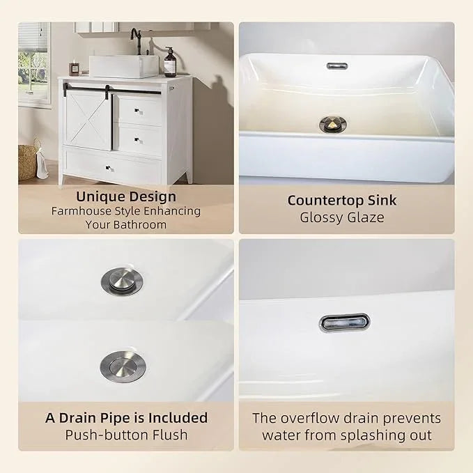 VNN Bathroom Vanity with Sink - 36 Inch Bathroom Vanity with Sink Ceramic, Freestanding Cabinet with Farmhouse Sliding Barn Door and 3 Drawers, Space-Saving Storage Cabinet, Wood Grain Texture, White - ModernBath