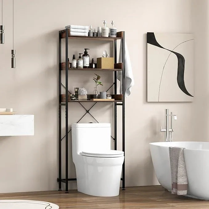 Tangkula Over The Toilet Storage, 3-Tier Toilet Rack Bathroom Space Saver with 4 Hooks & Adjustable Bottom Bar, Freestanding Bathroom Organizer Shelf Over Toilet for Restroom Balcony Laundry (Brown) - ModernBath