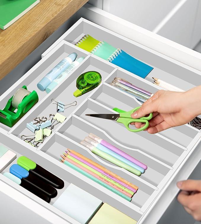 ROYAL CRAFT WOOD Luxury Bamboo Kitchen Drawer Organizer - Silverware Organizer - Utensil Holder and Cutlery Tray with Grooved Drawer Dividers for Flatware and Kitchen Utensils (9 Slot, White) - ModernBath