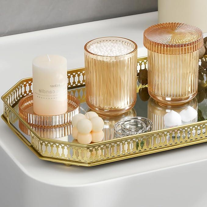 rejomiik Glass Qtip Holder Dispenser 2 Pack, Bathroom Canister Apothecary Jars with Lids, Vanity Makeup Accessories Storage Organizer for Cotton Swabs, Cotton Balls, Pads, Floss Picks, Amber - ModernBath