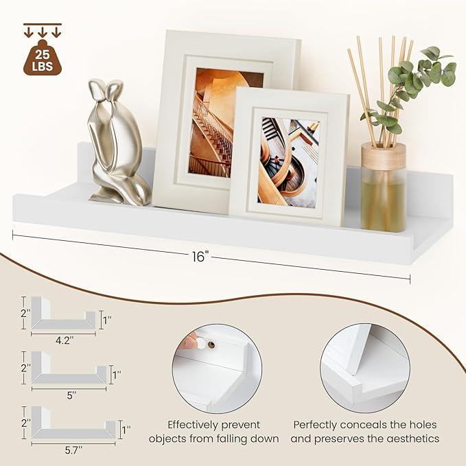 Heimlove Floating Shelves Set of 6, 16" Wall Mounted Picture Ledge, Display Shelf Organizer for Decor Storage, Wall Mounted Shelves for Living Room, Bedroom, Bathroom, Kitchen (White) - ModernBath